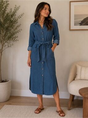 Warehouse Chambray Denim Shirt Dress Belted Button Front Size 12 Minimalist Chic